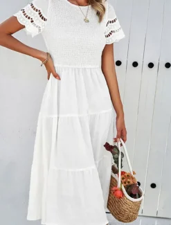 Discount Women's Midi Dress White Dress Lace Dress Casual Dress Summer Dress Fashion Outdoor Holiday Date Regular Fit Plain Short Sleeve Crew Neck Black White Green Summer Spring Women White Dresses