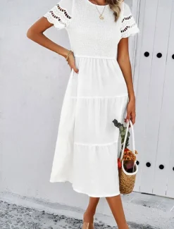 Discount Women's Midi Dress White Dress Lace Dress Casual Dress Summer Dress Fashion Outdoor Holiday Date Regular Fit Plain Short Sleeve Crew Neck Black White Green Summer Spring Women White Dresses