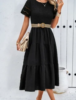 Discount Women's Midi Dress White Dress Lace Dress Casual Dress Summer Dress Fashion Outdoor Holiday Date Regular Fit Plain Short Sleeve Crew Neck Black White Green Summer Spring Women White Dresses