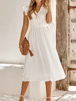 Sale Women's Midi Dress White Dress Casual Dress A Line Dress Stylish Basic Casual Vacation Daily Regular Fit Plain Sleeveless V Neck White Green Summer Spring Women White Dresses