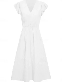 Sale Women's Midi Dress White Dress Casual Dress A Line Dress Stylish Basic Casual Vacation Daily Regular Fit Plain Sleeveless V Neck White Green Summer Spring Women White Dresses