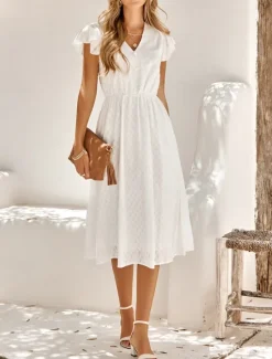 Sale Women's Midi Dress White Dress Casual Dress A Line Dress Stylish Basic Casual Vacation Daily Regular Fit Plain Sleeveless V Neck White Green Summer Spring Women White Dresses