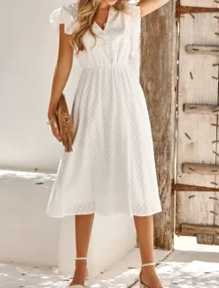 Sale Women's Midi Dress White Dress Casual Dress A Line Dress Stylish Basic Casual Vacation Daily Regular Fit Plain Sleeveless V Neck White Green Summer Spring Women White Dresses
