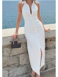 Online Women's Midi Dress White Dress Graduation Dress Fashion Birthday Holiday Graduation Regular Fit Plain Sleeveless Shirt Collar Black White Summer Women White Dresses