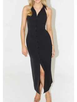 Online Women's Midi Dress White Dress Graduation Dress Fashion Birthday Holiday Graduation Regular Fit Plain Sleeveless Shirt Collar Black White Summer Women White Dresses