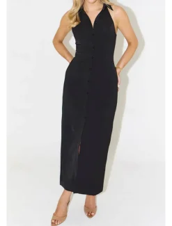Online Women's Midi Dress White Dress Graduation Dress Fashion Birthday Holiday Graduation Regular Fit Plain Sleeveless Shirt Collar Black White Summer Women White Dresses