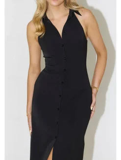 Online Women's Midi Dress White Dress Graduation Dress Fashion Birthday Holiday Graduation Regular Fit Plain Sleeveless Shirt Collar Black White Summer Women White Dresses