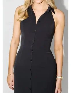Online Women's Midi Dress White Dress Graduation Dress Fashion Birthday Holiday Graduation Regular Fit Plain Sleeveless Shirt Collar Black White Summer Women White Dresses