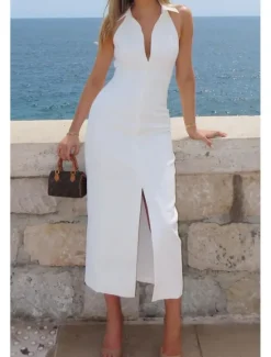 Online Women's Midi Dress White Dress Graduation Dress Fashion Birthday Holiday Graduation Regular Fit Plain Sleeveless Shirt Collar Black White Summer Women White Dresses