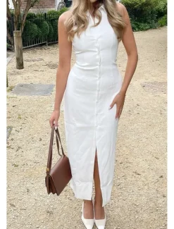 Online Women's Midi Dress White Dress Graduation Dress Fashion Birthday Holiday Graduation Regular Fit Plain Sleeveless Shirt Collar Black White Summer Women White Dresses