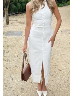 Online Women's Midi Dress White Dress Graduation Dress Fashion Birthday Holiday Graduation Regular Fit Plain Sleeveless Shirt Collar Black White Summer Women White Dresses