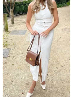 Online Women's Midi Dress White Dress Graduation Dress Fashion Birthday Holiday Graduation Regular Fit Plain Sleeveless Shirt Collar Black White Summer Women White Dresses