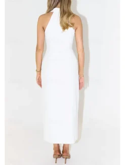 Online Women's Midi Dress White Dress Graduation Dress Fashion Birthday Holiday Graduation Regular Fit Plain Sleeveless Shirt Collar Black White Summer Women White Dresses