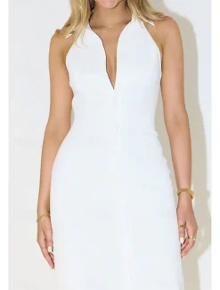 Online Women's Midi Dress White Dress Graduation Dress Fashion Birthday Holiday Graduation Regular Fit Plain Sleeveless Shirt Collar Black White Summer Women White Dresses