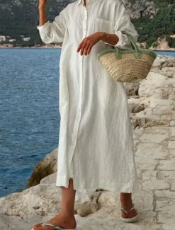 Hot Women's Midi Dress White Dress Cotton Linen Dresses Shirt Dress Casual Dress Basic Modern Daily Weekend Loose Fit Plain 3/4 Length Sleeve Shirt Collar Black White Pink Navy Blue Summer Spring Women White Dresses