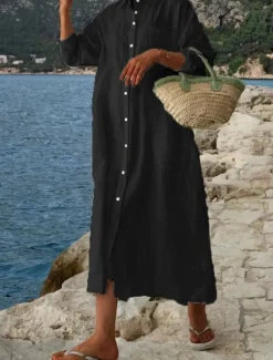 Hot Women's Midi Dress White Dress Cotton Linen Dresses Shirt Dress Casual Dress Basic Modern Daily Weekend Loose Fit Plain 3/4 Length Sleeve Shirt Collar Black White Pink Navy Blue Summer Spring Women White Dresses