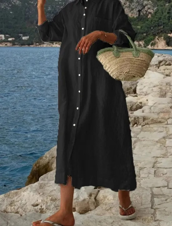 Hot Women's Midi Dress White Dress Cotton Linen Dresses Shirt Dress Casual Dress Basic Modern Daily Weekend Loose Fit Plain 3/4 Length Sleeve Shirt Collar Black White Pink Navy Blue Summer Spring Women White Dresses