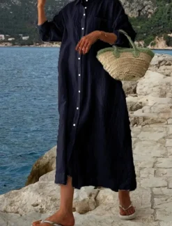 Hot Women's Midi Dress White Dress Cotton Linen Dresses Shirt Dress Casual Dress Basic Modern Daily Weekend Loose Fit Plain 3/4 Length Sleeve Shirt Collar Black White Pink Navy Blue Summer Spring Women White Dresses