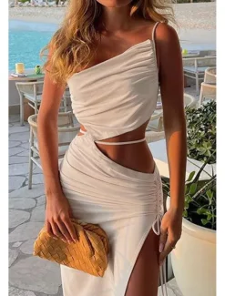 New Women's Midi Dress White Dress Graduation Dress Slip Dress Fashion Birthday Graduation Date Regular Fit Plain Sleeveless Spaghetti Strap Light Pink Black White Yellow Summer Women White Dresses