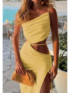 New Women's Midi Dress White Dress Graduation Dress Slip Dress Fashion Birthday Graduation Date Regular Fit Plain Sleeveless Spaghetti Strap Light Pink Black White Yellow Summer Women White Dresses