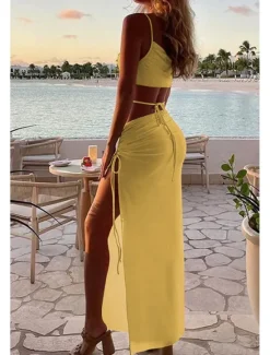 New Women's Midi Dress White Dress Graduation Dress Slip Dress Fashion Birthday Graduation Date Regular Fit Plain Sleeveless Spaghetti Strap Light Pink Black White Yellow Summer Women White Dresses