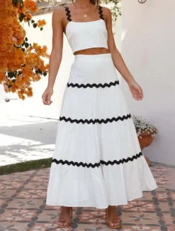 New Women's Midi Dress White Dress Graduation Dress Two Piece Dress Fashion Birthday Graduation Date Regular Fit Color Block Sleeveless Spaghetti Strap Light Yellow White Summer Women White Dresses
