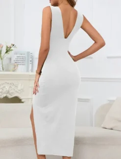 Hot Women's Midi Dress White Dress Graduation Dress Bodycon Fashion Birthday Date Going out Regular Fit Plain Sleeveless V Neck Black White Red Blue Summer Women White Dresses