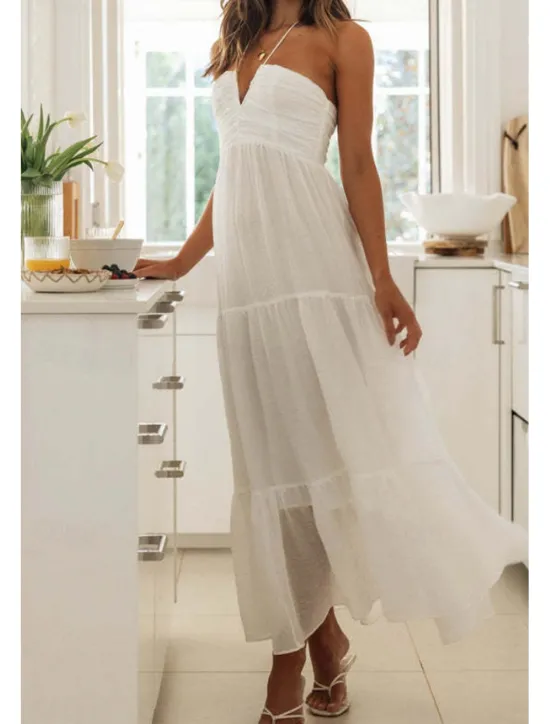 Hot Women's Midi Dress Dress Graduation Dress Fashion Holiday Graduation Going out Regular Fit Plain Sleeveless V Neck Summer Women White Dresses