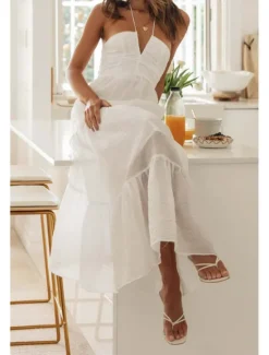 Hot Women's Midi Dress Dress Graduation Dress Fashion Holiday Graduation Going out Regular Fit Plain Sleeveless V Neck Summer Women White Dresses