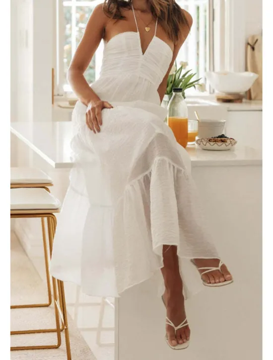 Hot Women's Midi Dress Dress Graduation Dress Fashion Holiday Graduation Going out Regular Fit Plain Sleeveless V Neck Summer Women White Dresses