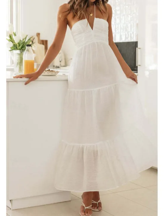 Hot Women's Midi Dress Dress Graduation Dress Fashion Holiday Graduation Going out Regular Fit Plain Sleeveless V Neck Summer Women White Dresses