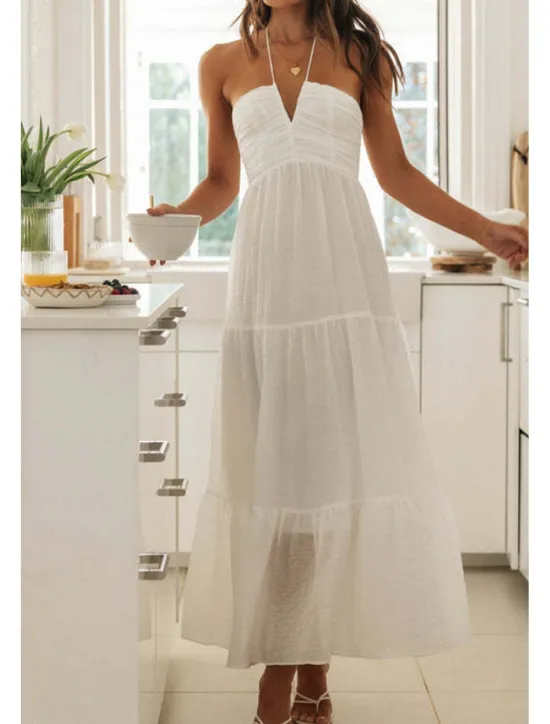 Hot Women's Midi Dress Dress Graduation Dress Fashion Holiday Graduation Going out Regular Fit Plain Sleeveless V Neck Summer Women White Dresses