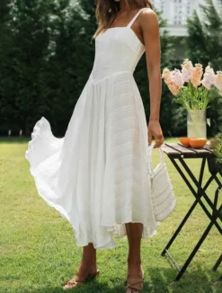 Discount Women's Midi Dress Dress Graduation Dress Slip Dress Fashion Birthday Holiday Date Regular Fit Plain Sleeveless Spaghetti Strap Summer Women White Dresses