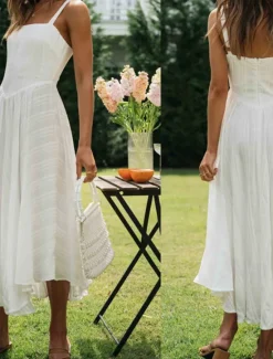 Discount Women's Midi Dress Dress Graduation Dress Slip Dress Fashion Birthday Holiday Date Regular Fit Plain Sleeveless Spaghetti Strap Summer Women White Dresses