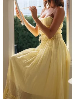Hot Women's Midi Dress White Dress Slip Dress Fashion Graduation Date Going out Regular Fit Plain Sleeveless Spaghetti Strap White Yellow Summer Women White Dresses