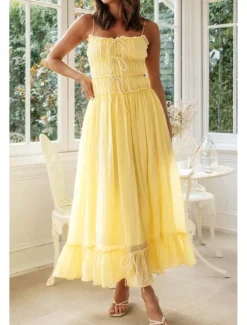 Hot Women's Midi Dress White Dress Slip Dress Fashion Graduation Date Going out Regular Fit Plain Sleeveless Spaghetti Strap White Yellow Summer Women White Dresses