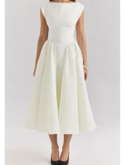 New Women's Midi Dress White Dress Fashion Modern Birthday Graduation Date Regular Fit Plain Sleeveless Crew Neck Black Light Grey Beige Summer Women White Dresses