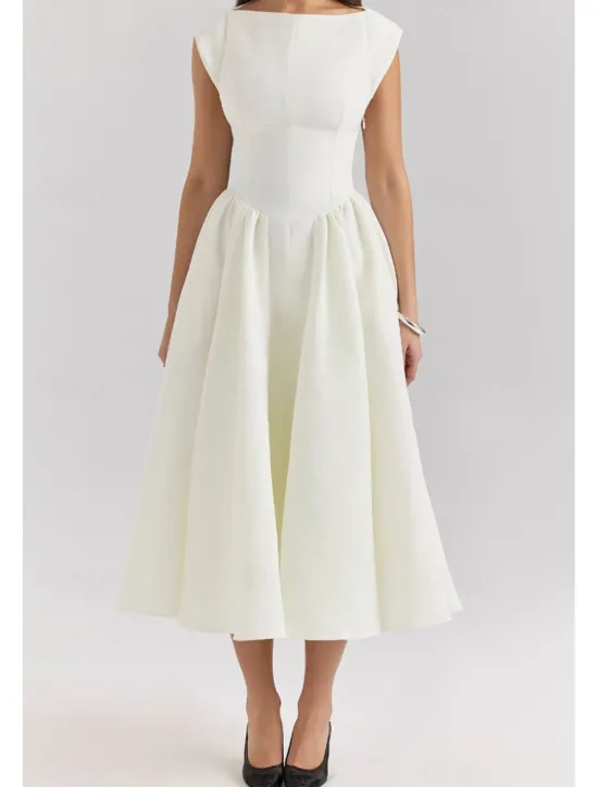 New Women's Midi Dress White Dress Fashion Modern Birthday Graduation Date Regular Fit Plain Sleeveless Crew Neck Black Light Grey Beige Summer Women White Dresses