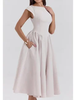 New Women's Midi Dress White Dress Fashion Modern Birthday Graduation Date Regular Fit Plain Sleeveless Crew Neck Black Light Grey Beige Summer Women White Dresses