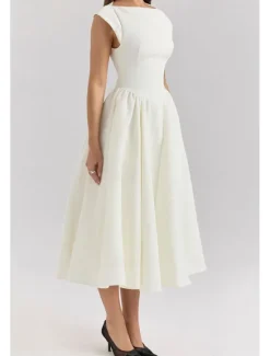 New Women's Midi Dress White Dress Fashion Modern Birthday Graduation Date Regular Fit Plain Sleeveless Crew Neck Black Light Grey Beige Summer Women White Dresses