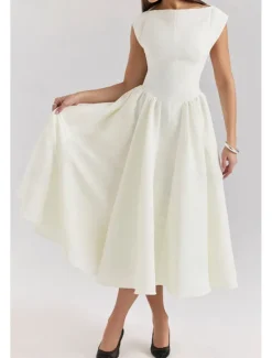 New Women's Midi Dress White Dress Fashion Modern Birthday Graduation Date Regular Fit Plain Sleeveless Crew Neck Black Light Grey Beige Summer Women White Dresses