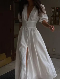 Online Women's Midi Dress White Dress Fashion Modern Birthday Holiday Graduation Regular Fit Plain Short Sleeve V Neck Black White Summer Women White Dresses