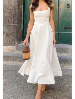 Women's Midi Dress White Dress Graduation Dress Slip Dress Fashion Birthday Graduation Date Regular Fit Plain Sleeveless Spaghetti Strap Black White Summer Women White Dresses