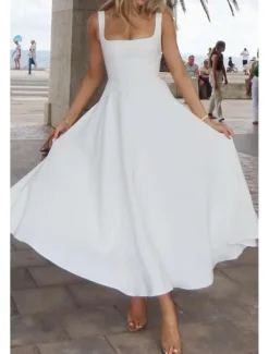 Women's Midi Dress White Dress Graduation Dress Slip Dress Fashion Birthday Graduation Date Regular Fit Plain Sleeveless Spaghetti Strap Black White Summer Women White Dresses