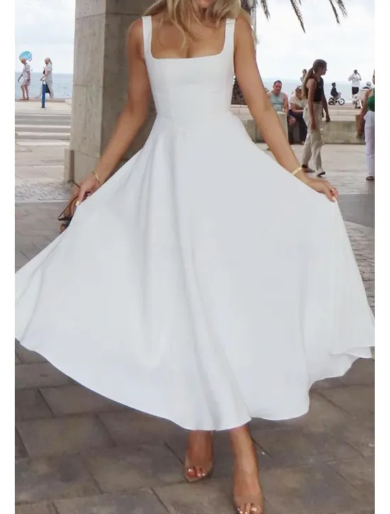 Women's Midi Dress White Dress Graduation Dress Slip Dress Fashion Birthday Graduation Date Regular Fit Plain Sleeveless Spaghetti Strap Black White Summer Women White Dresses