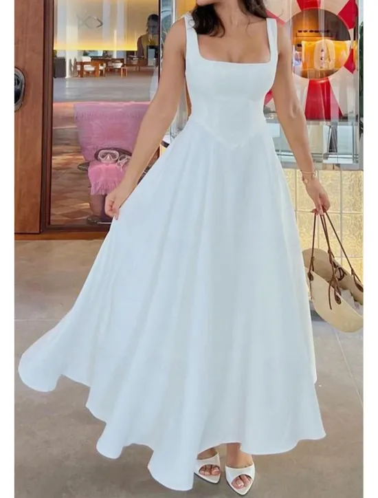 Women's Midi Dress White Dress Graduation Dress Slip Dress Fashion Birthday Graduation Date Regular Fit Plain Sleeveless Spaghetti Strap Black White Summer Women White Dresses