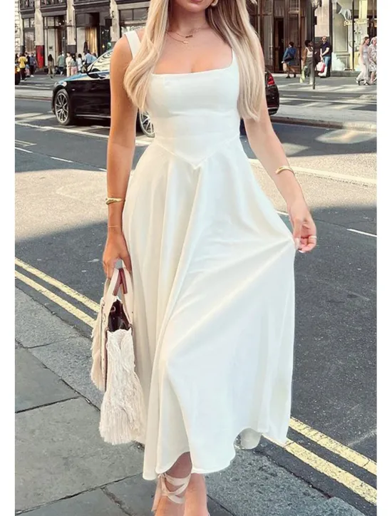 Women's Midi Dress White Dress Graduation Dress Slip Dress Fashion Birthday Graduation Date Regular Fit Plain Sleeveless Spaghetti Strap Black White Summer Women White Dresses