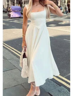 Women's Midi Dress White Dress Graduation Dress Slip Dress Fashion Birthday Graduation Date Regular Fit Plain Sleeveless Spaghetti Strap Black White Summer Women White Dresses