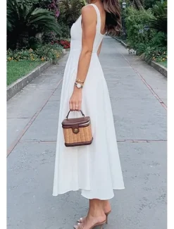 Women's Midi Dress White Dress Graduation Dress Slip Dress Fashion Birthday Graduation Date Regular Fit Plain Sleeveless Spaghetti Strap Black White Summer Women White Dresses