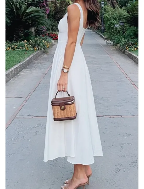 Women's Midi Dress White Dress Graduation Dress Slip Dress Fashion Birthday Graduation Date Regular Fit Plain Sleeveless Spaghetti Strap Black White Summer Women White Dresses
